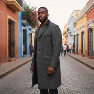 STEVE HARVEY Black Wool Blend Topcoat Herringbone